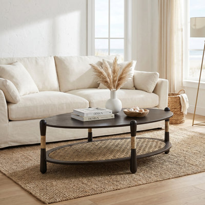 Oval Wood Coffee Table With Seagrass Shelf
