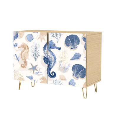 Sideboard Buffet Cabinet with Storage Marine hand drawn sea shells stars seahorse coral for textiles prints with 2 Doors for Living Room and Kitchen