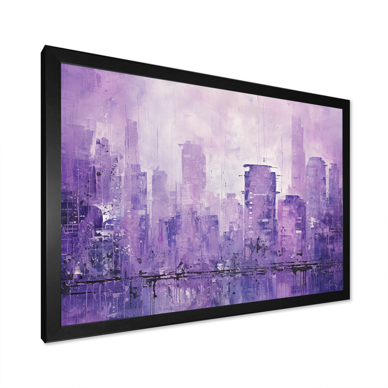 «Violet Cityscape High Rise Skycraper I», reproduction sur toile, Cadre simple noir, H 16 po x l 32 po x P 1 po