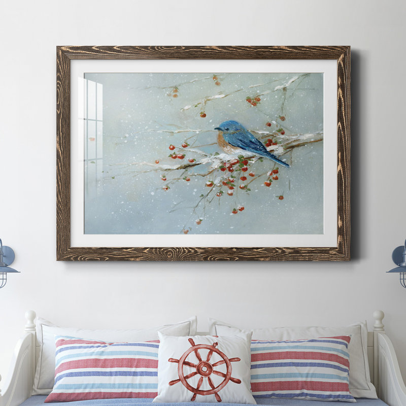 Oiseau bleu en hiver - impression sur papier encadré, H 37,5 po x l 27,5 po x P 1,5 po, Papier avec cadre noyer