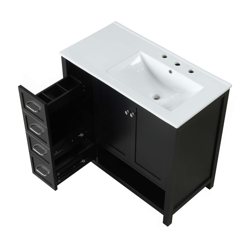 Meuble-lavabo 36 po avec comptoir d'évier, meuble-lavabo avec deux portes et deux tiroirs, Noir