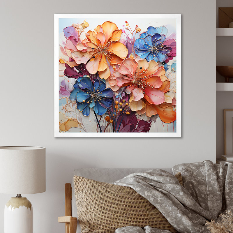 Hortensia bleue et orange sur toile, Cadre simple blanc, H 36 po x l 36 po x P 1,5 po
