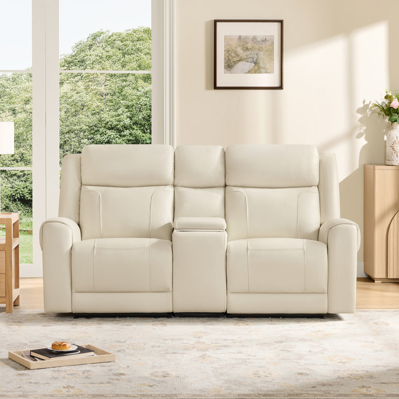 2-Seat Dual Motor Genuine Leather zero clearence recliner Power Recliner Sofa With Power Headrest And Console, Cream