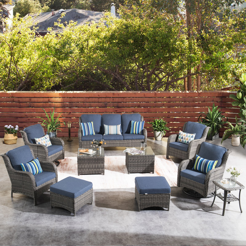 Cracraft Wicker 9 - Person Patio Conversation Set with Cushions, Gray Frame/Blue Cushion