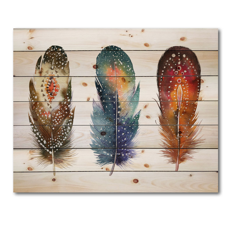 Colorful Boho Feather Set IX On Wood Painting: Boho Wall Art