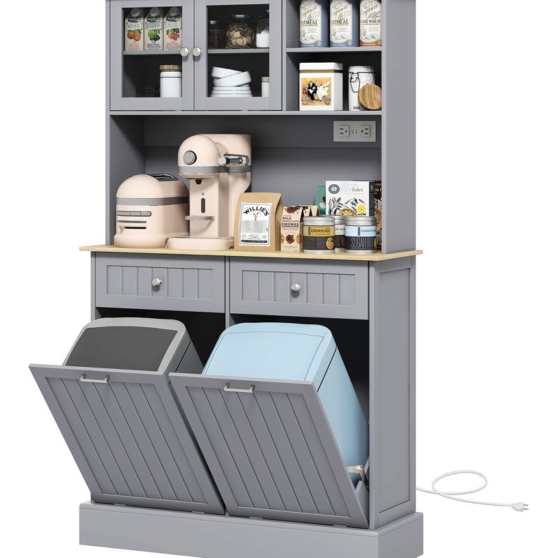 68" Gray Kitchen Pantry Storage With Charging Option. Freestanding Cabinet Glass Doors & Adjustable Shelf. Versatile In Use. 2 Tilt Out Trash Cabinets. Built-In Ac Outlets And Ports. Spacious