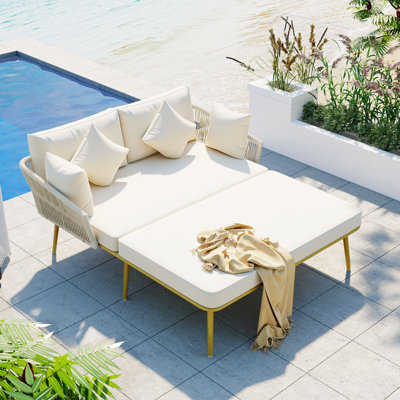 Outdoor Patio Daybed, Woven Nylon Rope Backrest With Washable Cushions For Balcony, Poolside, Set For 2 Person