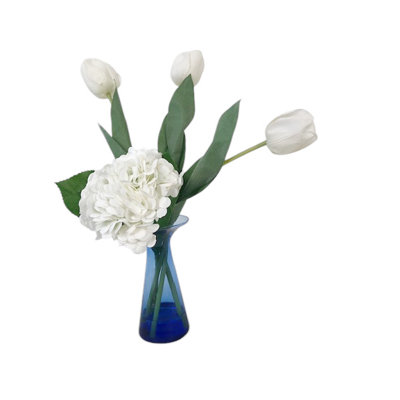 White Tulips, Hydrangeas in Blue Glass Vase