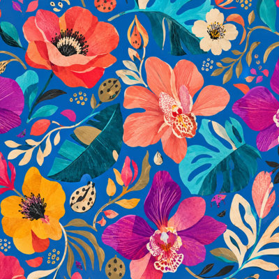 Papier peint adhésif à peler et coller à fleurs vibrantes audacieuses et multicolores à feuilles tropicales avec papier contact adhésif amovible et décoratif pour armoires de cuisine de chambre à coucher 17,7 po x 118 po