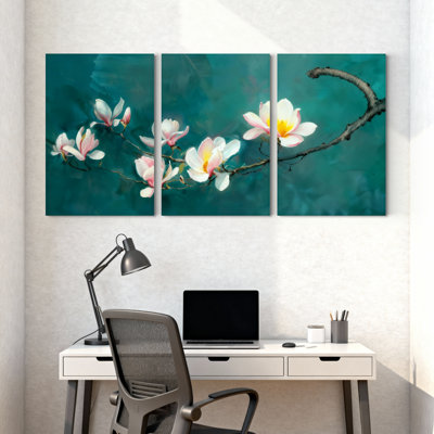 Magnolia Magnolia fleurs sur fond bleu sarcelle, ensemble de 3 impressions sur toile
