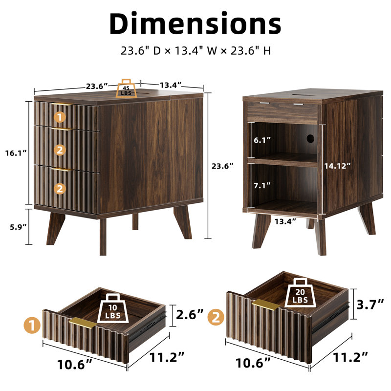End Table with Drawers and Charging Station, Brown