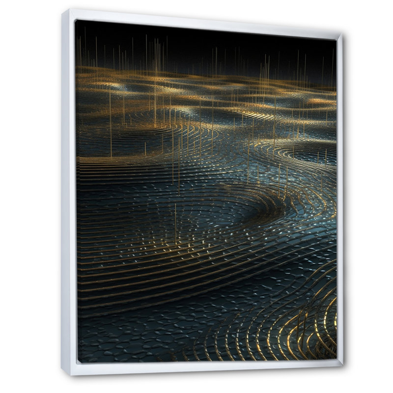 Toile abstraite dorée reflétée sur des vagues concentriques I - formes abstraites, Cadre flottant blanc