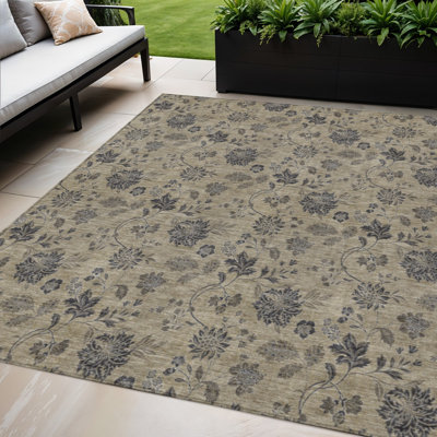 Tapis extérieur lavable floral beige et chocolat 5 pi x 8 pi brun