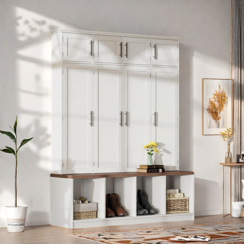 Farmhouse Hall Tree With 4 Hidden Hanging Hooks, 8 Doors, Seating Bench And Shoe Cabinet, White