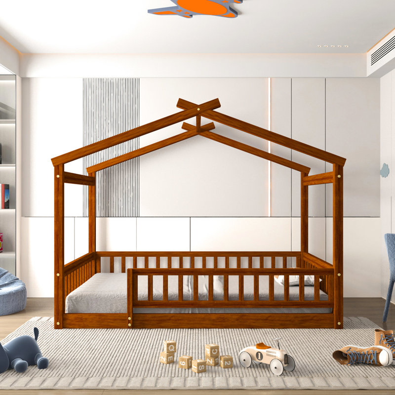 Structure de lit double pleine grandeur en noyer pour, avec clôture, pin, jeu et repos, adolescents en bois semi-fermés, espace de repos stable