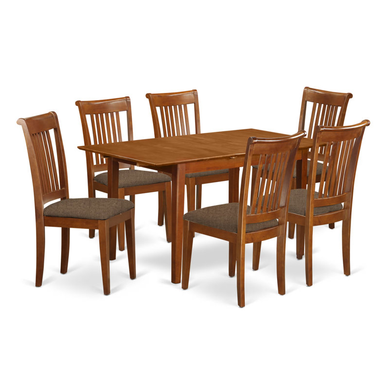 7 Piece Dinette Set Consist of a Rectangle Dining Room Table with Butterfly Leaf and 6 Linen Fabric Dining Chairs, Saddle Brown
