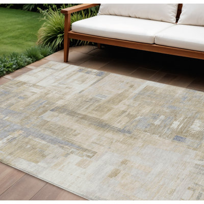 9' X 12' Ivory And Beige Abstract Washable Indoor Outdoor Area Rug