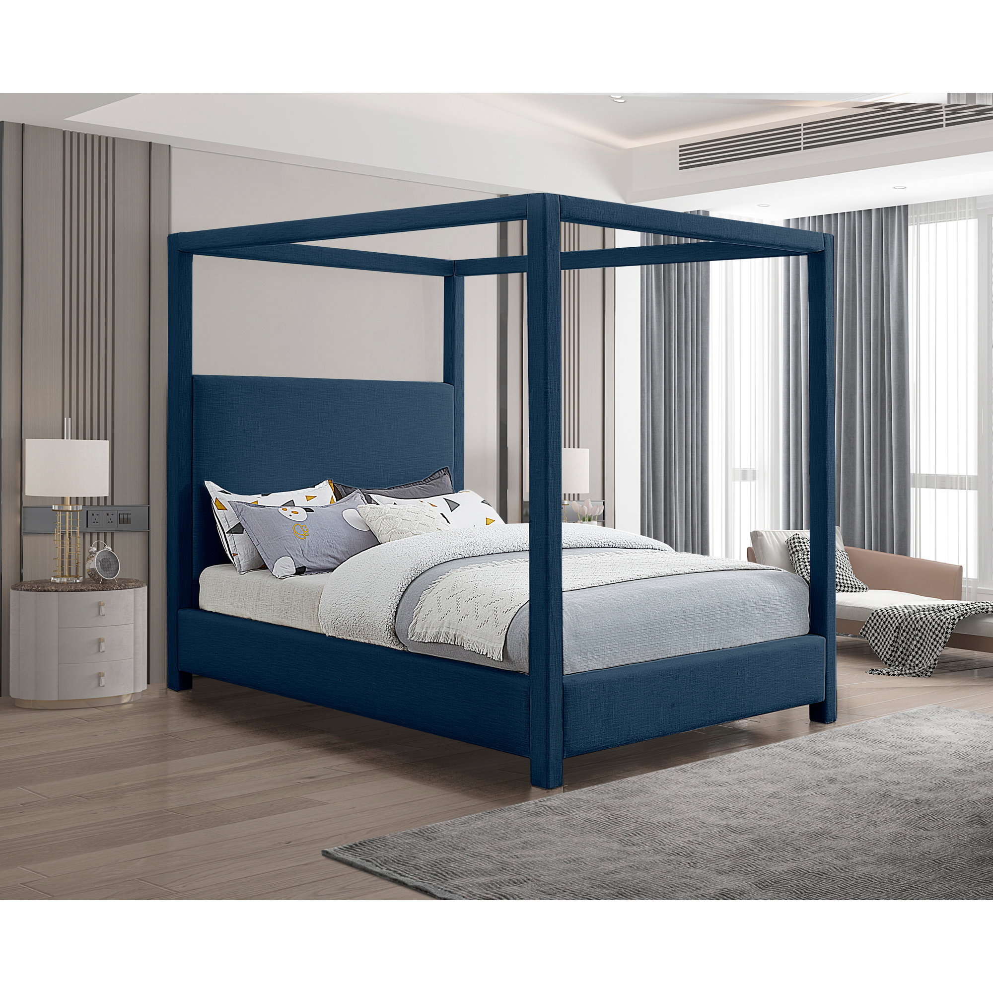 Upholstered Canopy Bed, Navy Velvet, Full