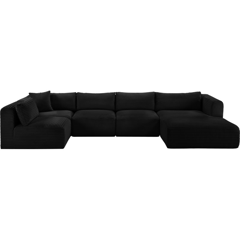 Canapé modulaire Carmean, Tissu velours côtelé texturé noir, 3 sans accoudoirs, 1 méridienne, 1 coin