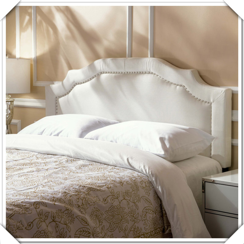 Upholstered Headboard Metal Legs Nailhead Trim Adjustable Design,Queen, Ivory
