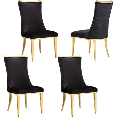 Ensemble de 4 chaises de luxe en velours noir avec pieds en métal doré poli