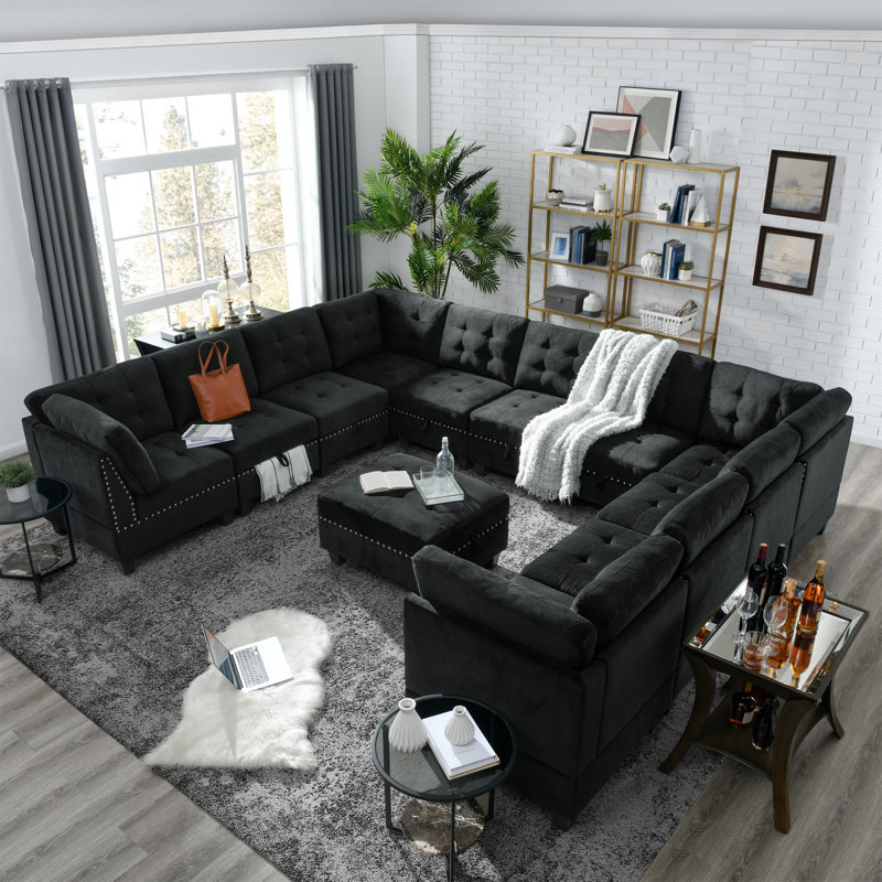 Canapé modulaire rembourré 13 pièces Georgeanna, Velours noir