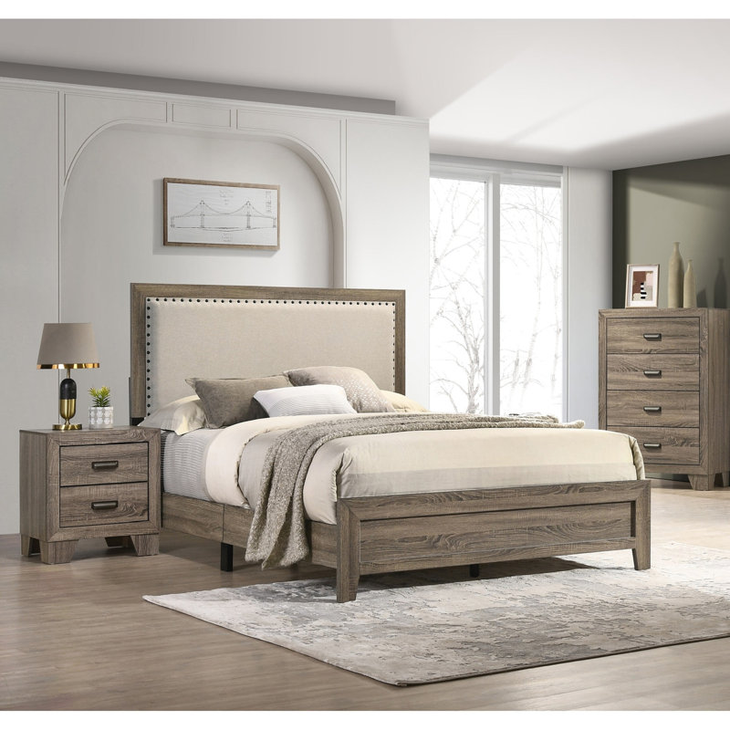 Grand lit moderne avec tête de lit tapissier grise et têtes de clou en bois massif, Gris, Grand lit