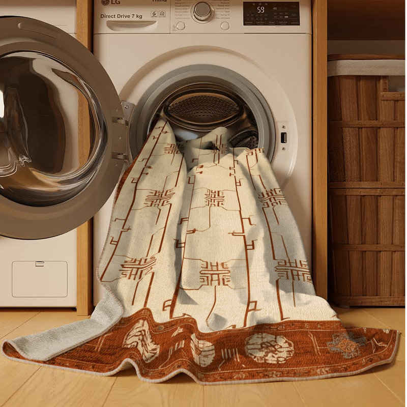 Tapis art déco brun lavable à la machine, Carré 7 pi