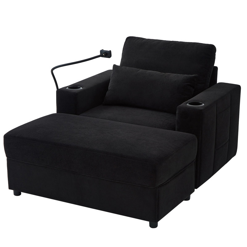 Fauteuil moderne avec deux ports, deux porte-gobelets, poches latérales, siège de rangement noir confortable, support de téléphone intégré, conception compacte