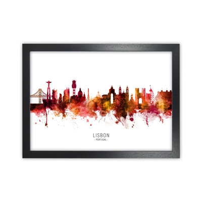 Lisbon Portugal Skyline Red City Name by Michael Tompsett - Print