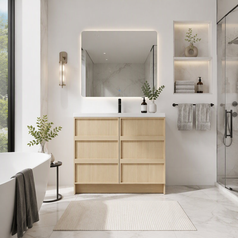 Meuble-lavabo autoportant avec lavabo en résine et portes d'armoire à fermeture en douceur, grand espace de rangement
