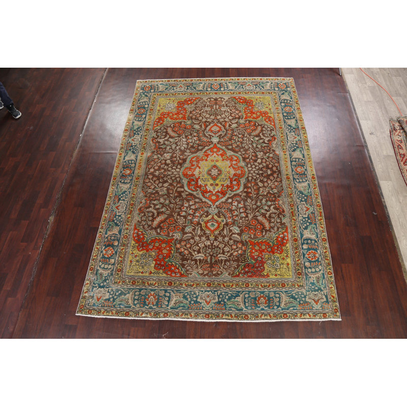 Tapis unique en laine noué à la main des années 1960 en brun / vert / orange