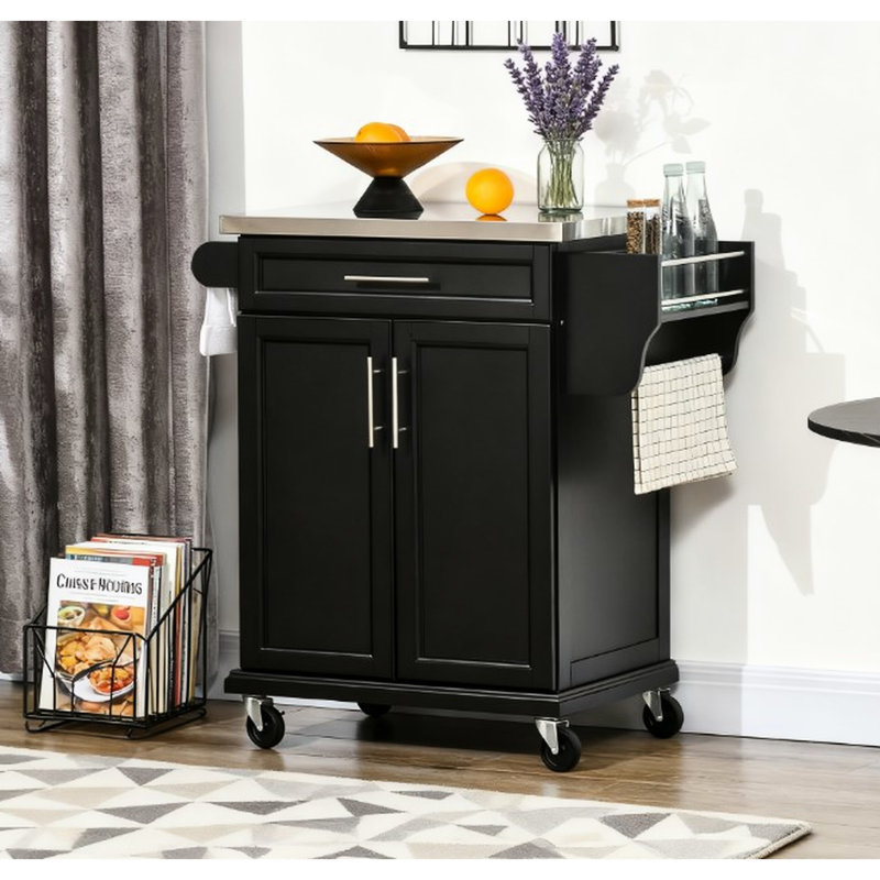 Chariot de cuisine avec roulettes et comptoir en acier inoxydable, tiroir pour petits appareils, porte-épices, porte-épices, mobilité pratique, noir, L 33 po x l 18 po l 35,75 po H, surface de chariot à 2 niveaux