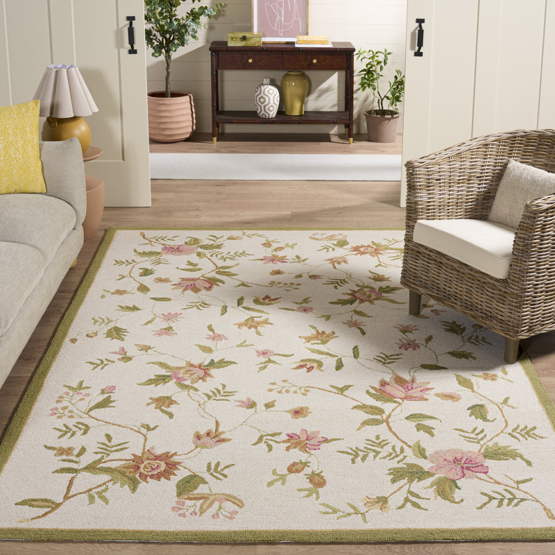 Tapis floral en laine crocheté à la main Kinchen, Rectangle 8 pi x 10 pi, Beige
