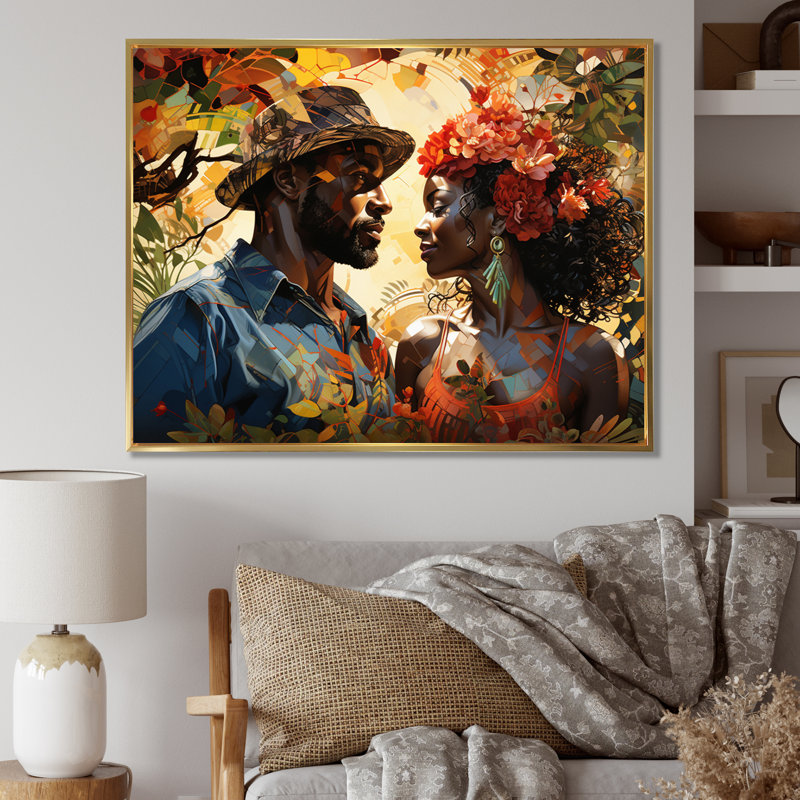 «African Couple Resilient I» - Art mural américain africain, H 12 po x l 20 po x P 1 po, Cadre flottant doré