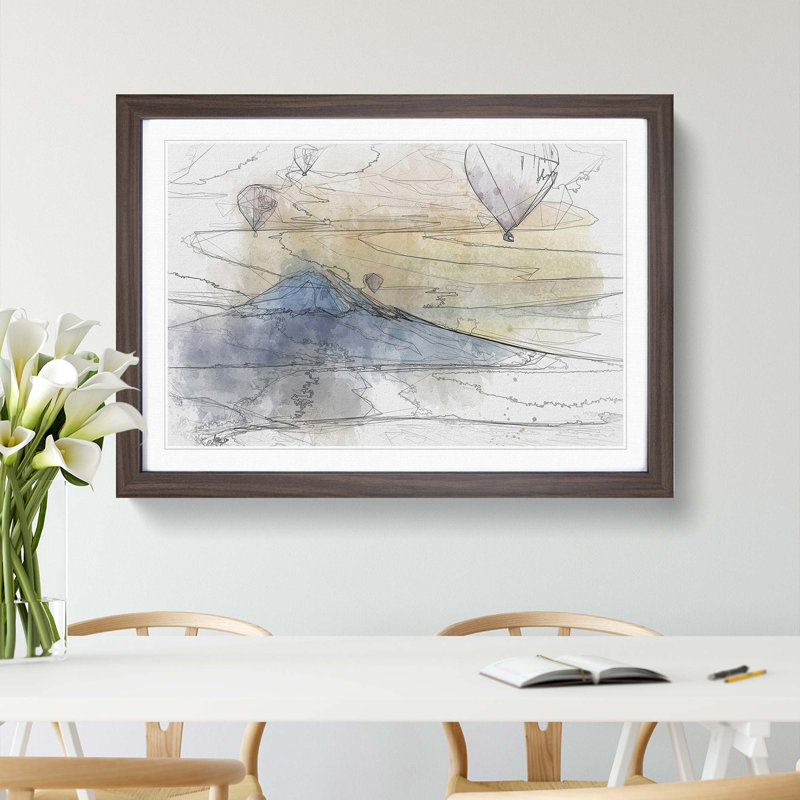 Hot Air Balloons Above Mount Fuji in Abstract - Picture Frame Graphic Art Print, Walnut Framed, 62cm H x 87cm W x 2cm D