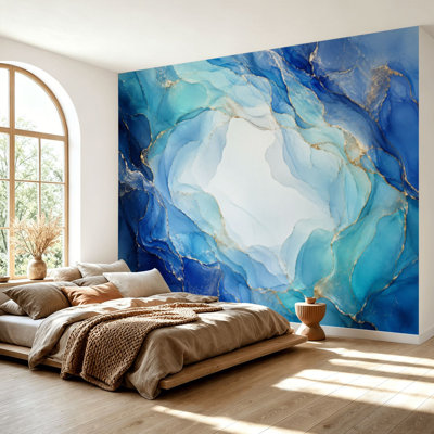 Papier peint adhésif autocollant turquoise bleu sarcelle, aquarelle marbrée liquide, lignes argentées, papier autocollant amovible pour décoration murale, salon H 69 po x l 96 po