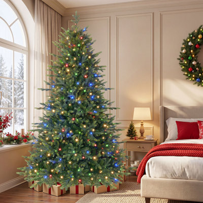 Sapin de Noël artificiel pré-illuminé en sapin baumier avec minuterie et lumières DEL à couleurs changeantes, base en métal, 1,5 à 2,3 m