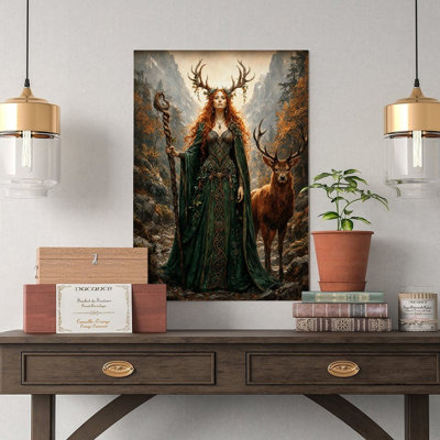 Canvas Wall Art Green Celtic Goddess With Antlers And Stag Staff Vintage Poster Print Home Decor