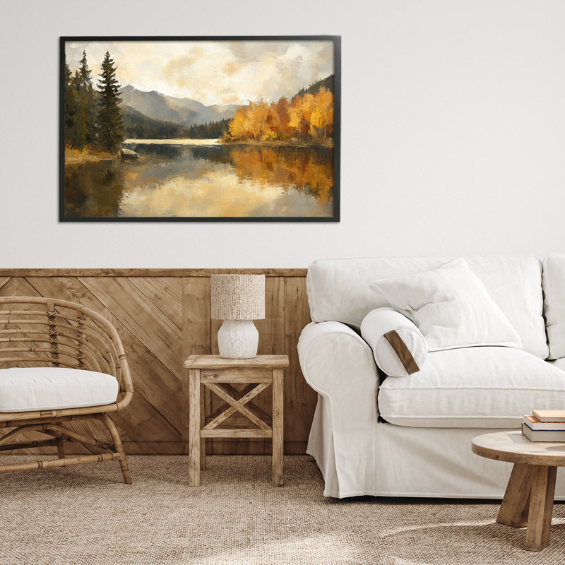 «Peaceful Autumn River Scenery», estampe numérique par Petal Prints Design, Giclée encadrée noir minuit, H 20 po x l 30 po