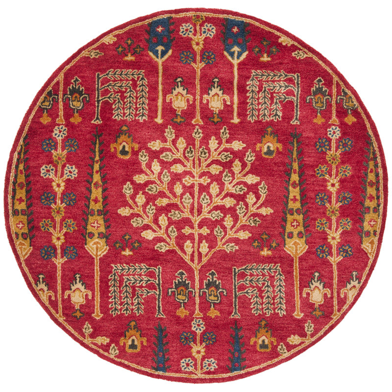 Wahcheechee Floral Handmade Tufted Wool Red Area Rug, Round 6'