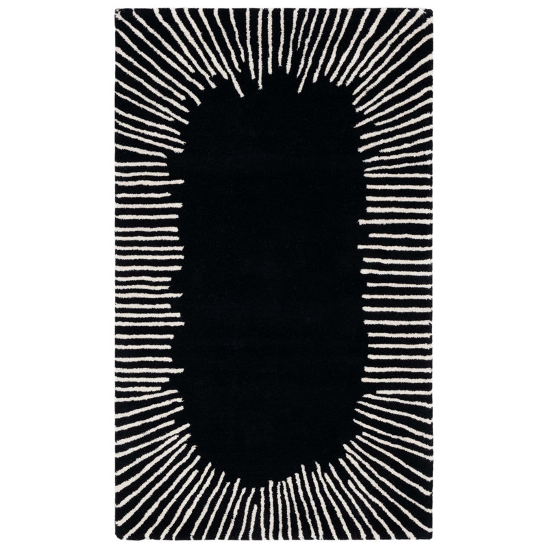 Tapis noir / ivoire en laine / coton touffeté à la main Jarie, Rectangulaire 3 pi x 5 pi