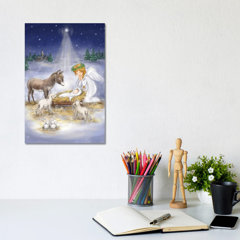 Nativité avec ange par Makiko - peinture sur toile tendue, H 12 po x l 8 po x P 0,75 po