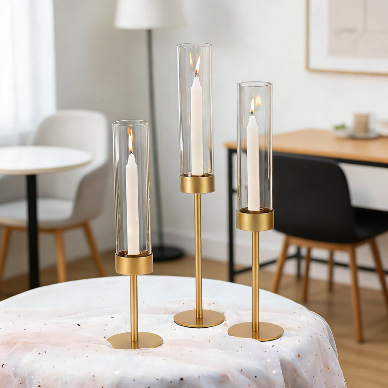 Ensemble de 3 porte-bougies en verre avec base en métal doré, 3, Or / verre transparent