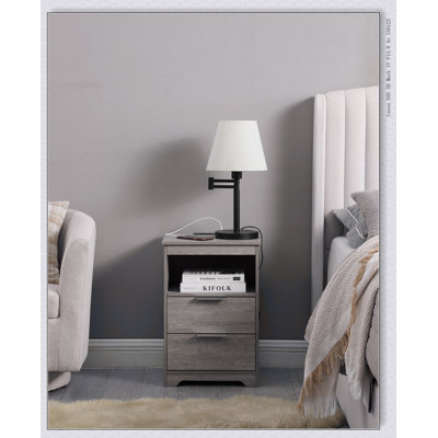 Table de chevet blanche en bois avec station de charge, 2 tiroirs et tablette ouverte pour plus de commodité moderne et de rangement