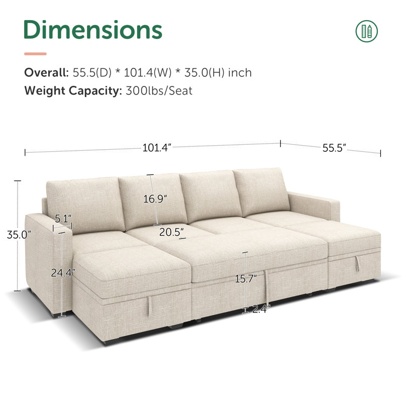 Niyona U Shaped Sleeper Pull Out Couch Storage Sectional Sofa, Beige Polyester