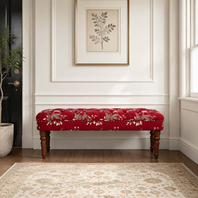Fauteuil de style européen avec assise capitonnée à motifs floraux et pieds en bois tourné, idéal pour le salon, la coiffeuse ou le balcon, couleur rouge bordeaux.