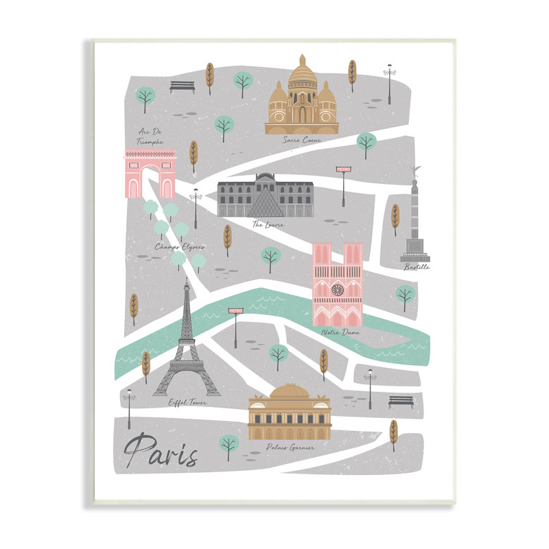 Carte de Paris, illustration de la ville française, gris-rose - impression, H 19 po x l 13 po x P 0,5 po, Sans cadre