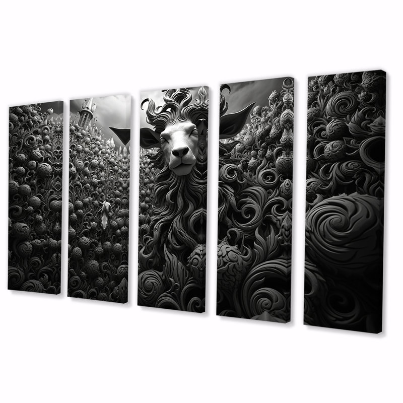 Black And White  Goat Abstract Portrait II - Goat 5 Piece Wall Art Decor, 28" H x 60" W