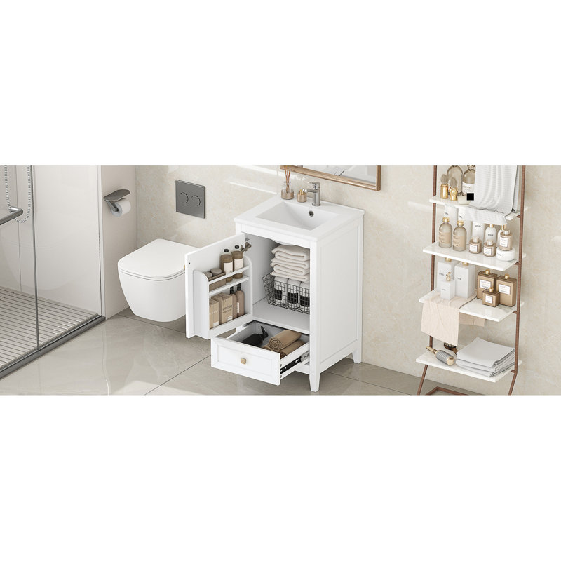 Meuble-lavabo de 20 po de couleur blanche, lavabo en céramique, porte à fermeture en douceur, support de rangement, tiroir, planche, finition peinte, style moderne, lavabo encastré encastré simple de 20 po avec forme rectangulaire,